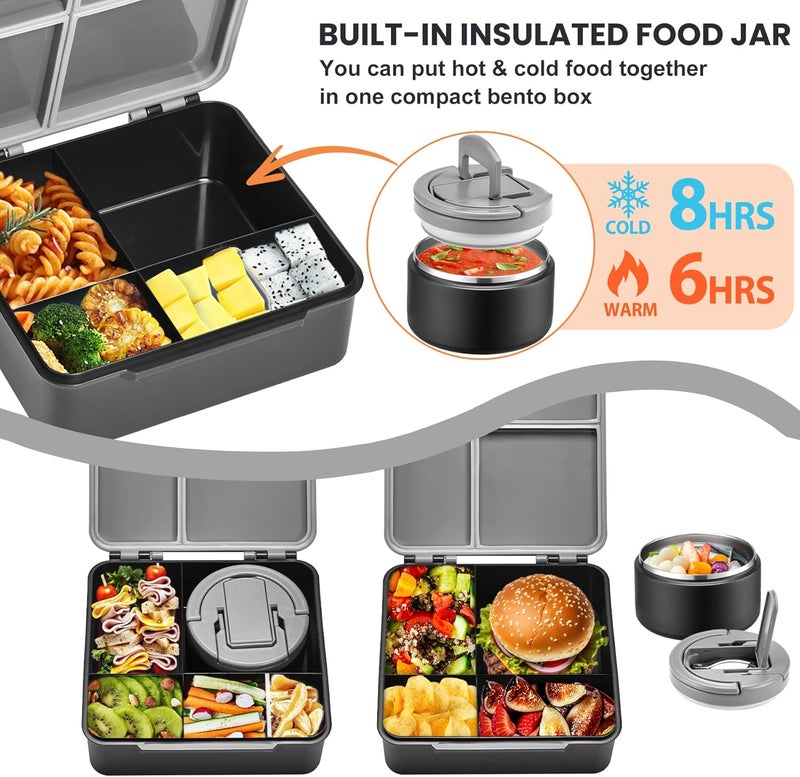 BABHAMNESS Bento Lunch Box with 8oz Soup Thermo,Kids Leakproof 4 Compartment Lunch Food Containers with Sauce Cup and Ice Pack,Kids Thermo Insulated Hot Food Jar and Lunch Bag for School,Trvael-Black - Image 2
